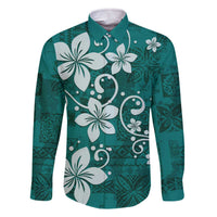 Plumeria Floral Tapa Pattern Crystal Teal Family Matching Off The Shoulder Long Sleeve Dress and Hawaiian Shirt LT01 Dad's Shirt - Long Sleeve Teal - Polynesian Pride