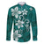 Plumeria Floral Tapa Pattern Crystal Teal Family Matching Off The Shoulder Long Sleeve Dress and Hawaiian Shirt
