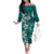Plumeria Floral Tapa Pattern Crystal Teal Family Matching Off The Shoulder Long Sleeve Dress and Hawaiian Shirt