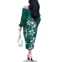 Plumeria Floral Tapa Pattern Crystal Teal Family Matching Off The Shoulder Long Sleeve Dress and Hawaiian Shirt LT01 - Polynesian Pride