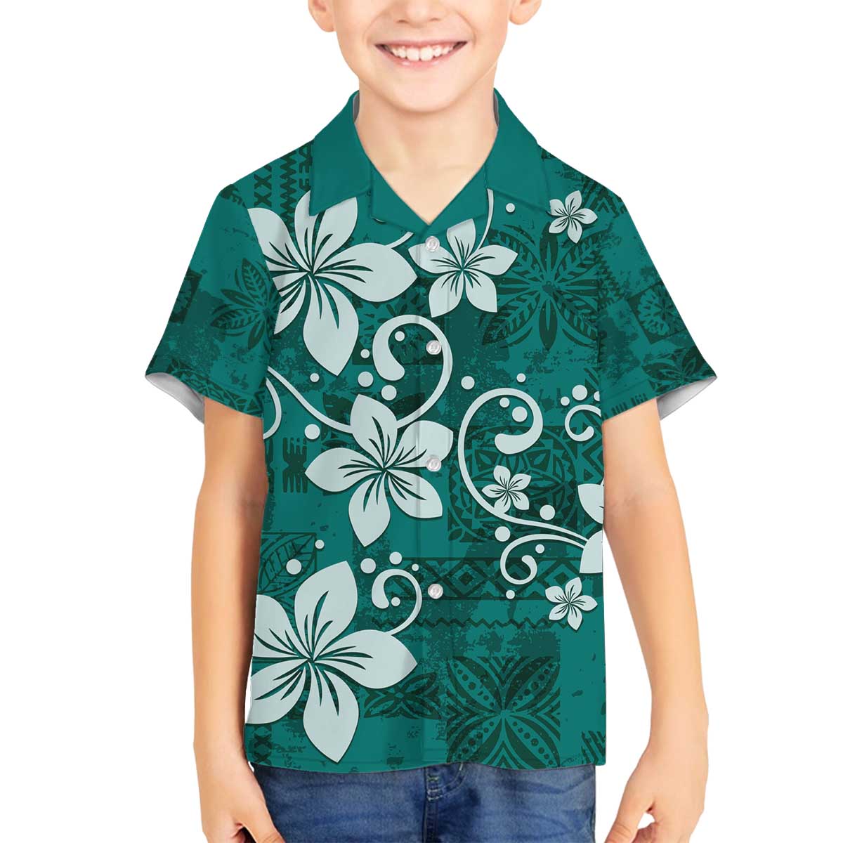 Plumeria Floral Tapa Pattern Crystal Teal Family Matching Off The Shoulder Long Sleeve Dress and Hawaiian Shirt LT01 Son's Shirt Teal - Polynesian Pride