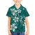 Plumeria Floral Tapa Pattern Crystal Teal Family Matching Off The Shoulder Long Sleeve Dress and Hawaiian Shirt
