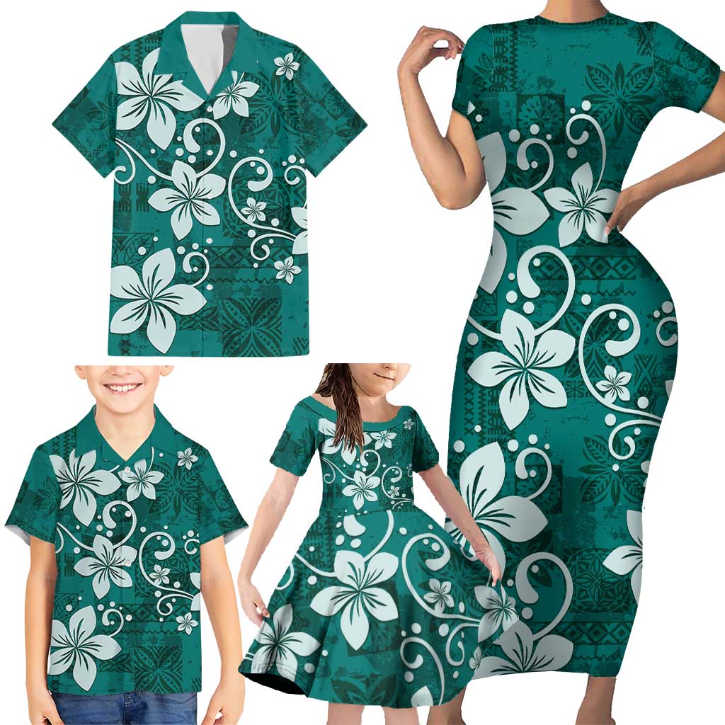 Plumeria Floral Tapa Pattern Crystal Teal Family Matching Short Sleeve Bodycon Dress and Hawaiian Shirt LT01 - Polynesian Pride