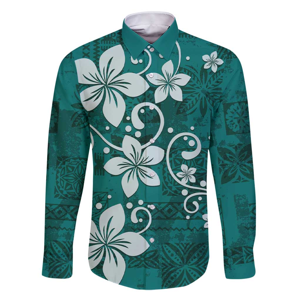 Plumeria Floral Tapa Pattern Crystal Teal Family Matching Short Sleeve Bodycon Dress and Hawaiian Shirt LT01 Dad's Shirt - Long Sleeve Teal - Polynesian Pride