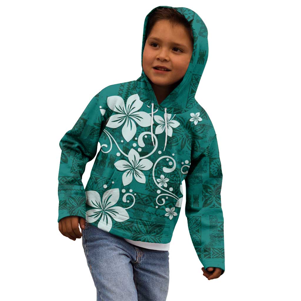 Plumeria Floral Tapa Pattern Crystal Teal Kid Hoodie