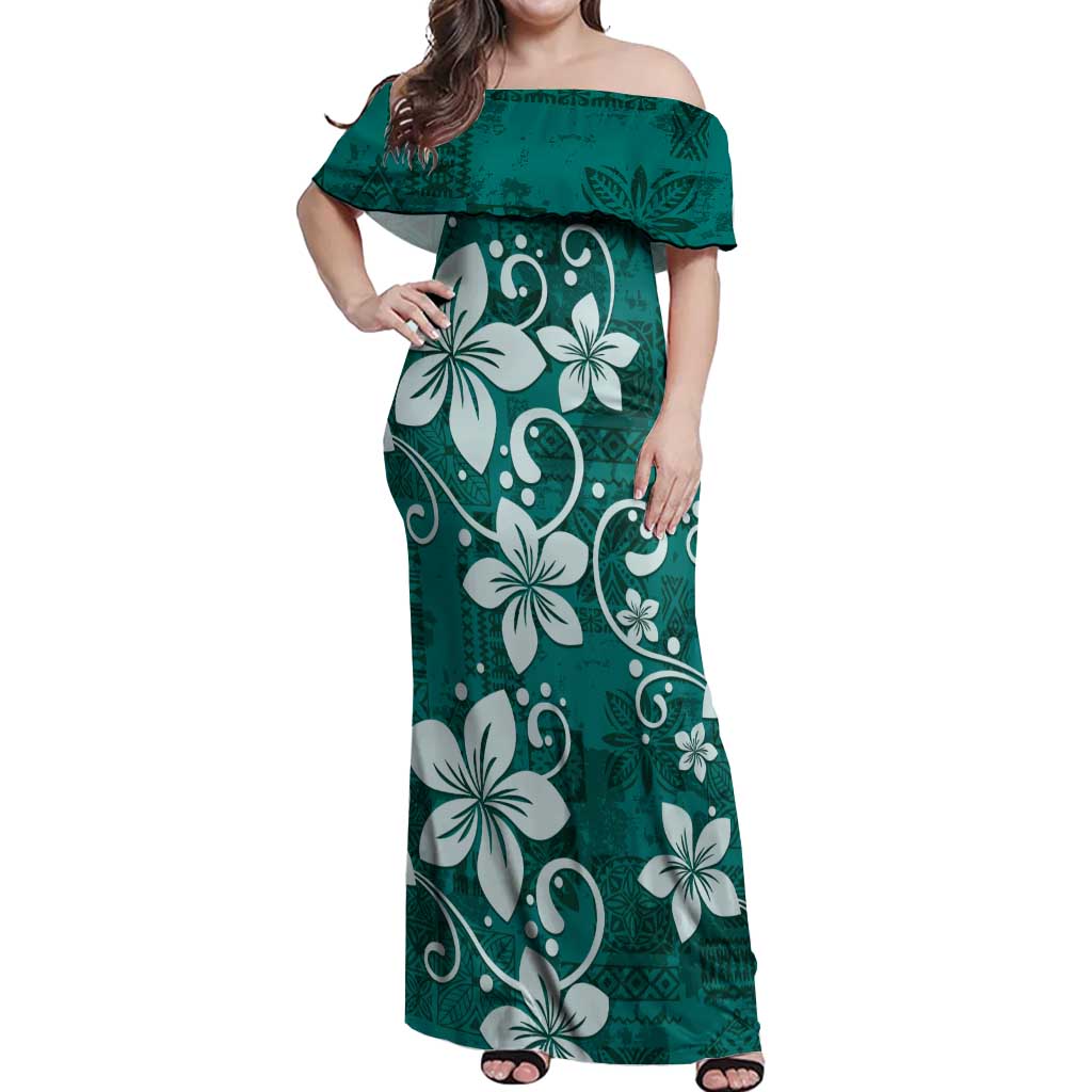 Plumeria Floral Tapa Pattern Crystal Teal Off Shoulder Maxi Dress