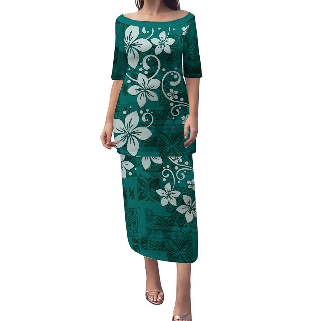 Plumeria Floral Tapa Pattern Crystal Teal Puletasi
