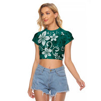 Plumeria Floral Tapa Pattern Crystal Teal Raglan Cropped T Shirt