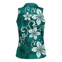 Plumeria Floral Tapa Pattern Crystal Teal Women Sleeveless Polo Shirt