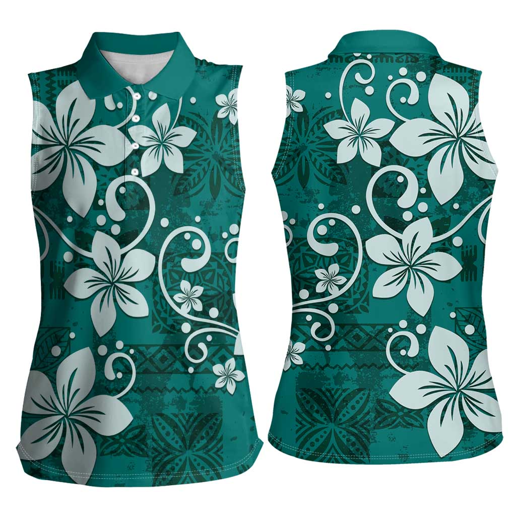 Plumeria Floral Tapa Pattern Crystal Teal Women Sleeveless Polo Shirt