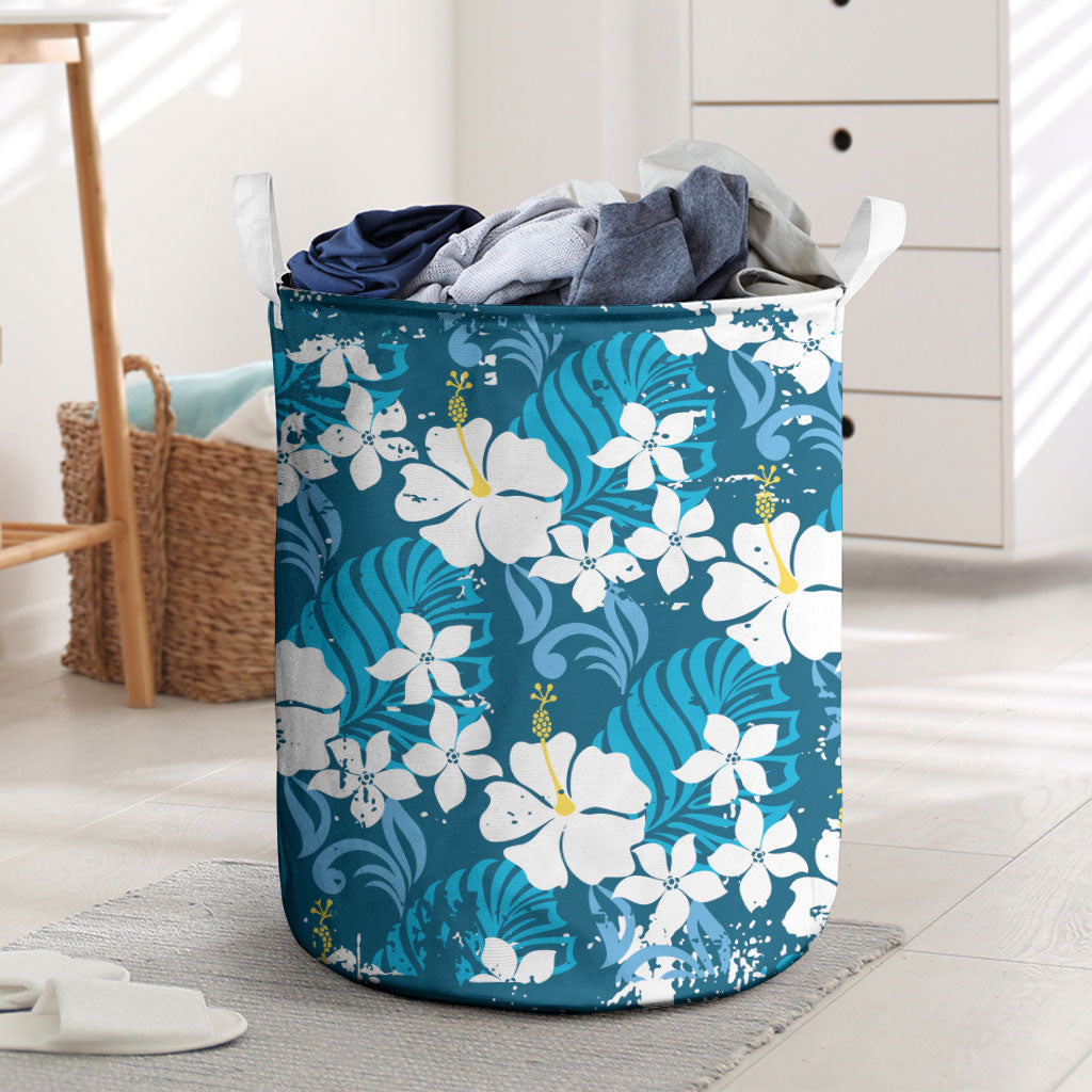 Blue Hawaiian Hibiscus Monstera Laundry Basket Grunge Stylized
