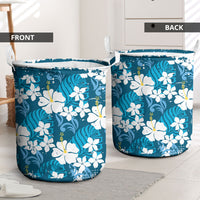 Blue Hawaiian Hibiscus Monstera Laundry Basket Grunge Stylized