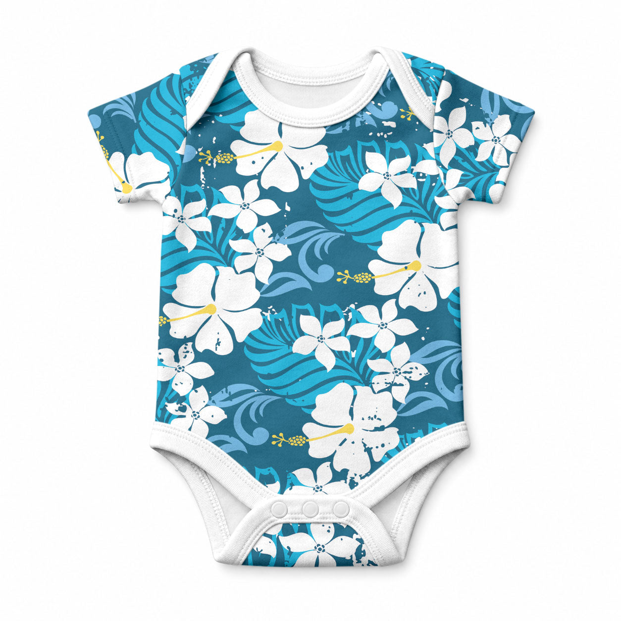 Blue Hawaiian Hibiscus Monstera Baby Onesie Grunge Stylized LT01 Blue - Polynesian Pride