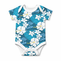 Blue Hawaiian Hibiscus Monstera Baby Onesie Grunge Stylized LT01 Blue - Polynesian Pride