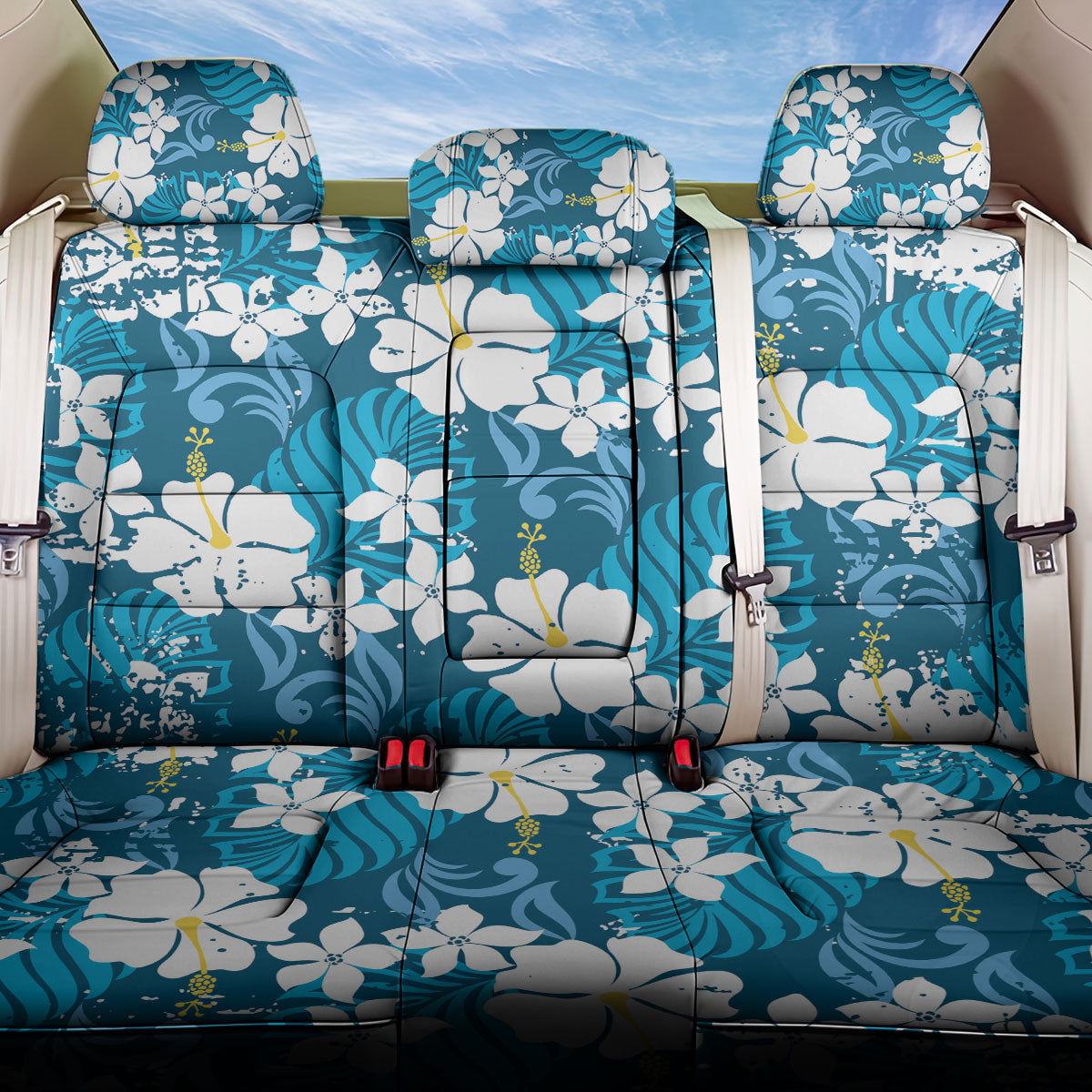 Blue Hawaiian Hibiscus Monstera Back Car Seat Cover Grunge Stylized LT01 One Size Blue - Polynesian Pride