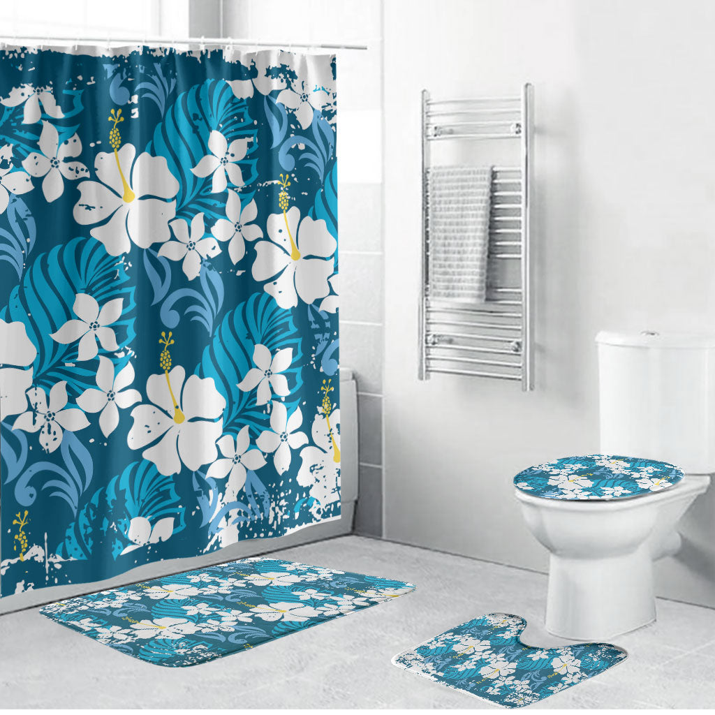Blue Hawaiian Hibiscus Monstera Bathroom Set Grunge Stylized