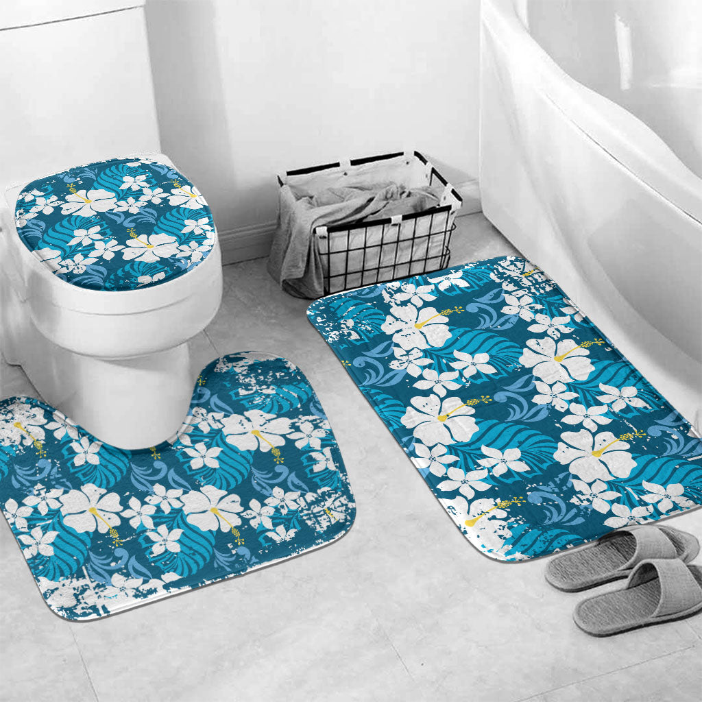 Blue Hawaiian Hibiscus Monstera Bathroom Set Grunge Stylized