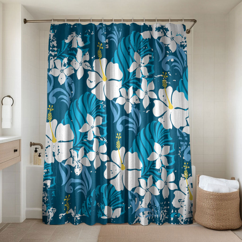 Blue Hawaiian Hibiscus Monstera Bathroom Set Grunge Stylized