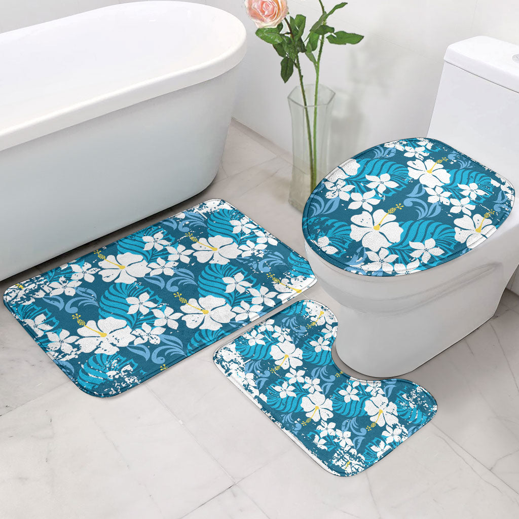 Blue Hawaiian Hibiscus Monstera Bathroom Set Grunge Stylized