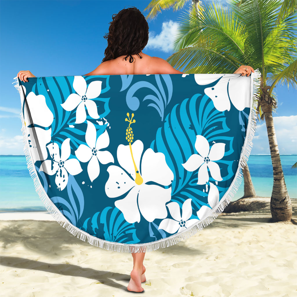 Blue Hawaiian Hibiscus Monstera Beach Blanket Grunge Stylized
