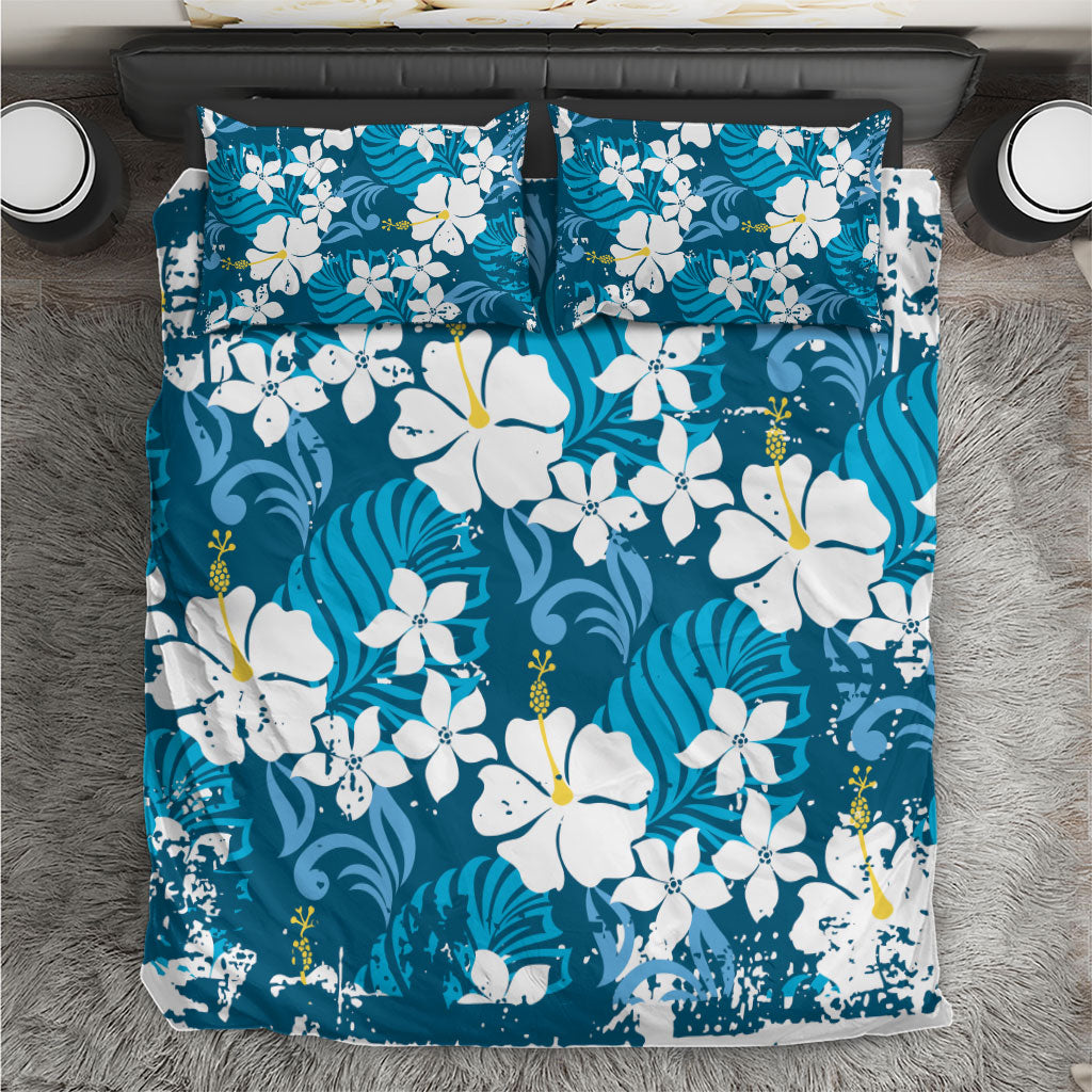 Blue Hawaiian Hibiscus Monstera Bedding Set Grunge Stylized LT01 Blue - Polynesian Pride