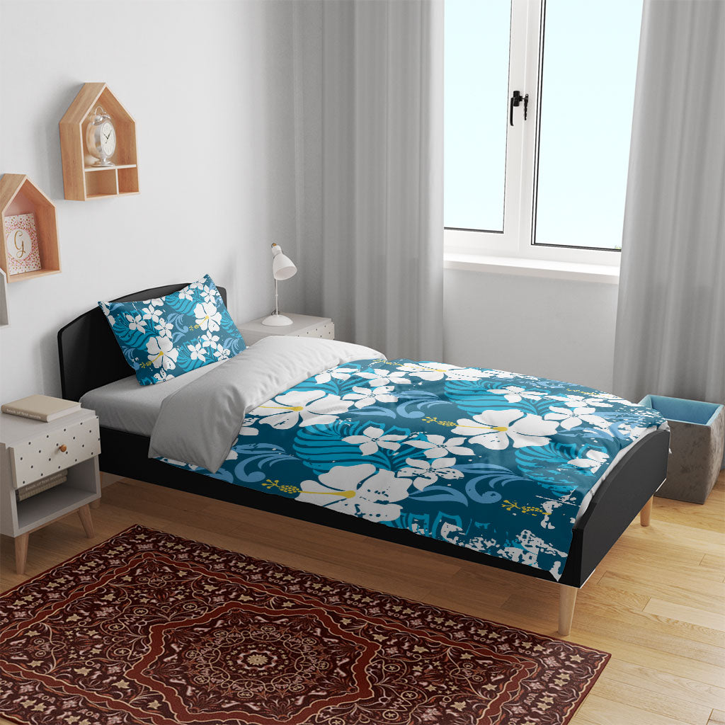 Blue Hawaiian Hibiscus Monstera Bedding Set Grunge Stylized LT01 - Polynesian Pride