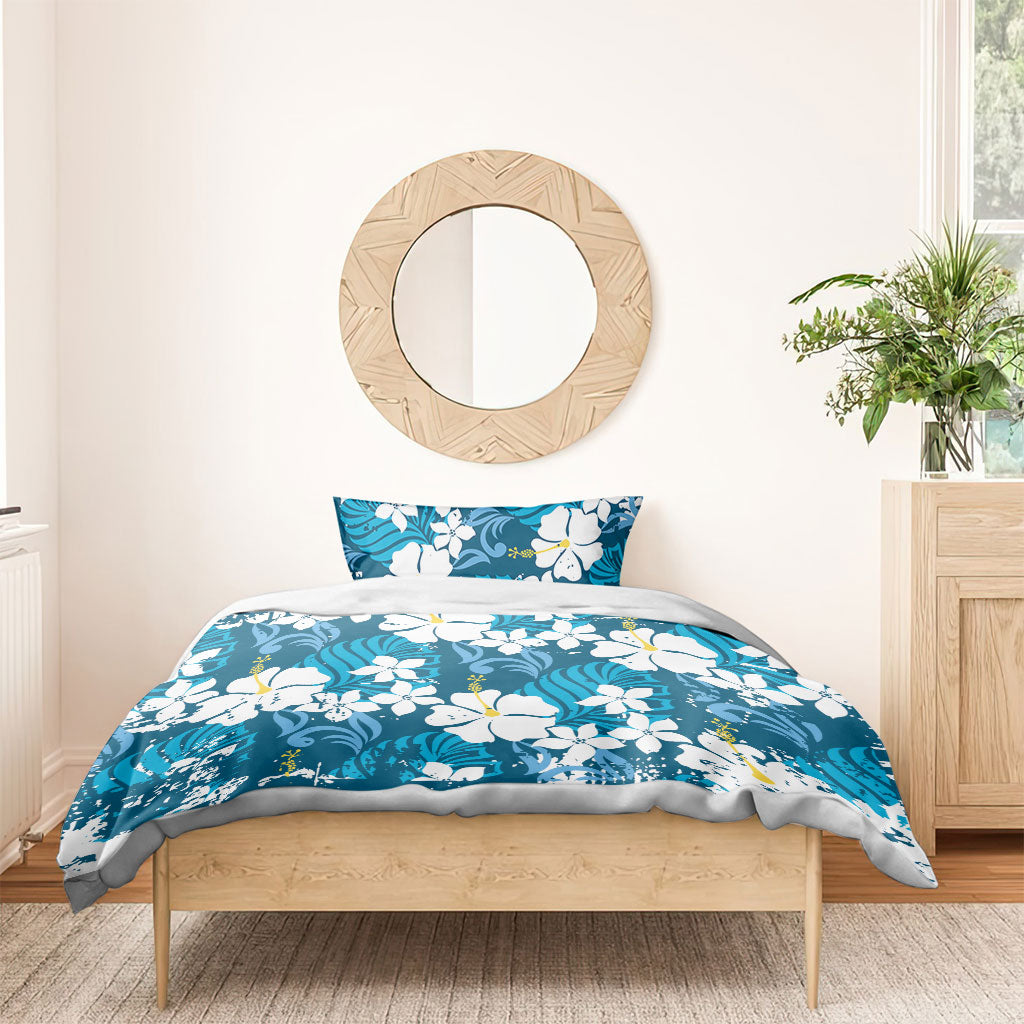 Blue Hawaiian Hibiscus Monstera Bedding Set Grunge Stylized LT01 - Polynesian Pride
