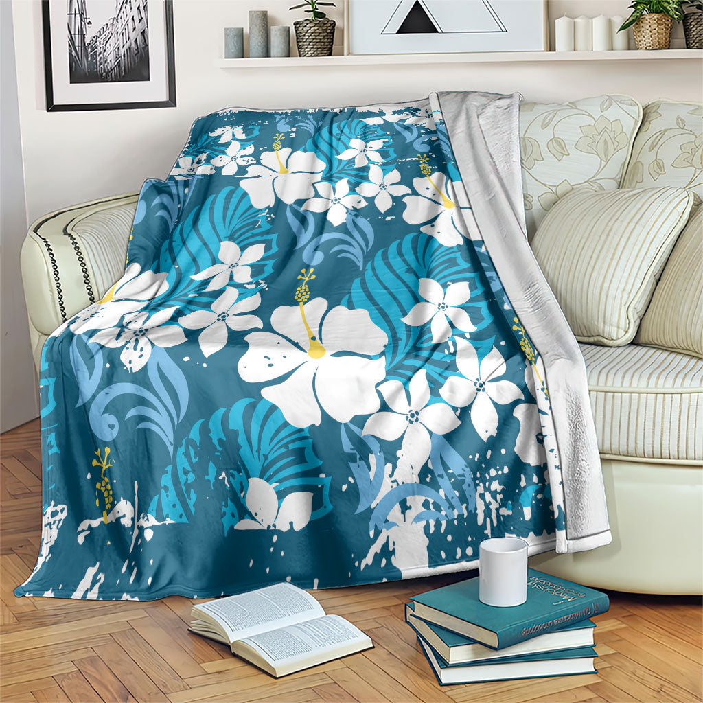 Blue Hawaiian Hibiscus Monstera Blanket Grunge Stylized