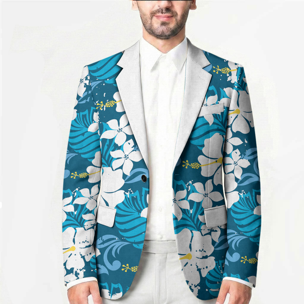 Blue Hawaiian Hibiscus Monstera Blazer Grunge Stylized