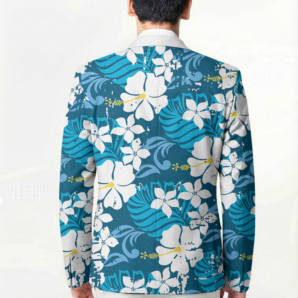 Blue Hawaiian Hibiscus Monstera Blazer Grunge Stylized