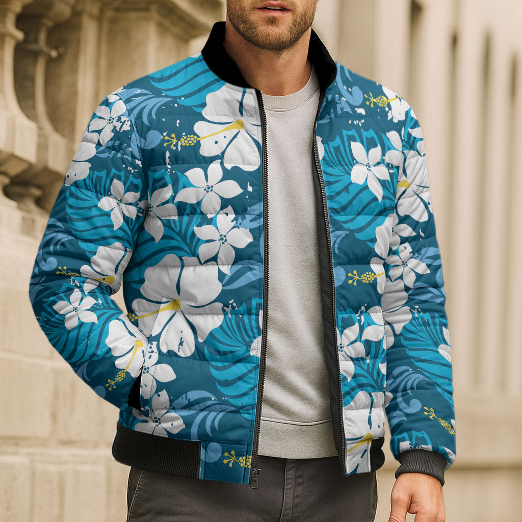 Blue Hawaiian Hibiscus Monstera Bomber Puffer Jacket Grunge Stylized
