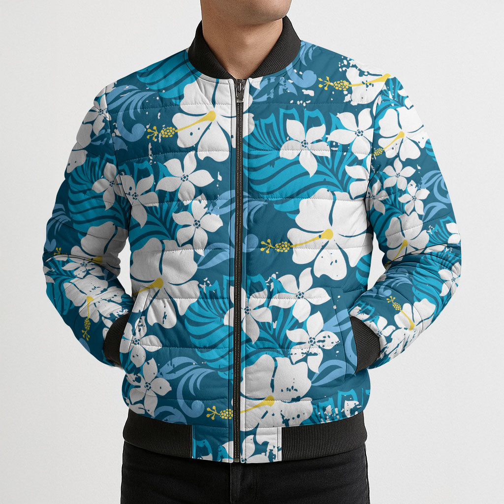 Blue Hawaiian Hibiscus Monstera Bomber Puffer Jacket Grunge Stylized
