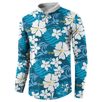Blue Hawaiian Hibiscus Monstera Button Sweatshirt Grunge Stylized