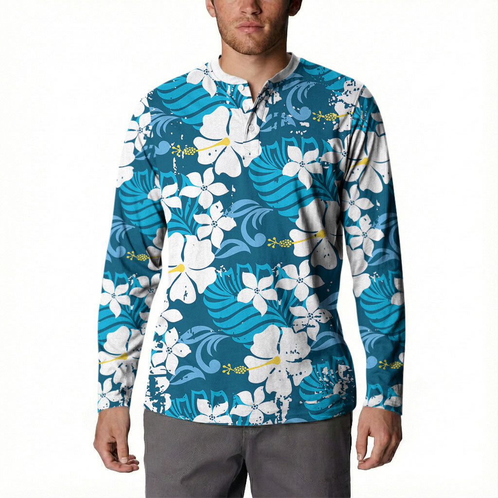Blue Hawaiian Hibiscus Monstera Button Sweatshirt Grunge Stylized