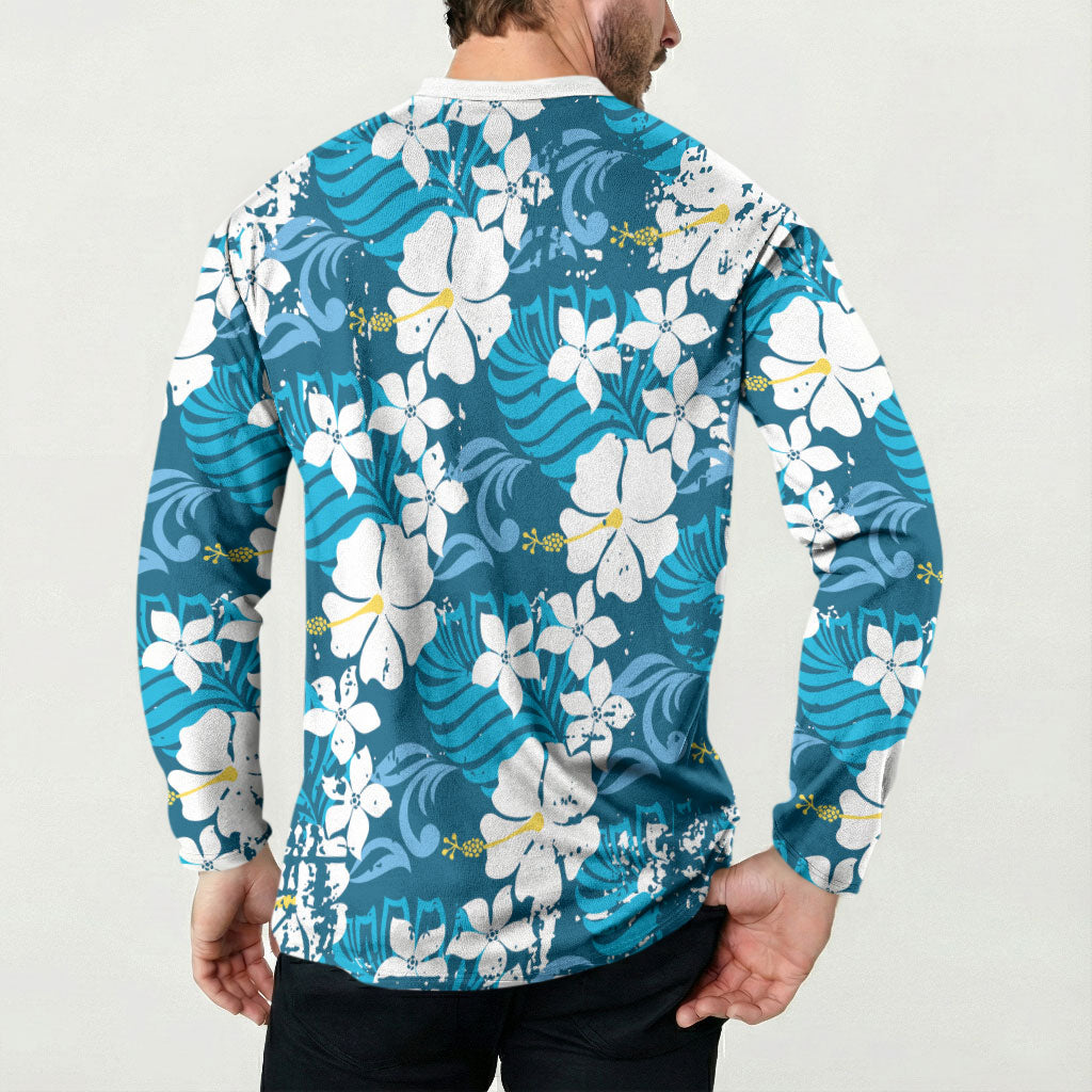 Blue Hawaiian Hibiscus Monstera Button Sweatshirt Grunge Stylized
