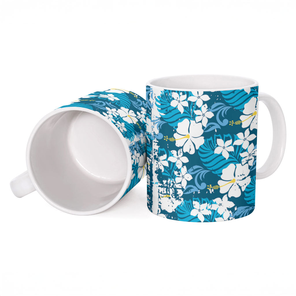 Blue Hawaiian Hibiscus Monstera Ceramic Mug Grunge Stylized