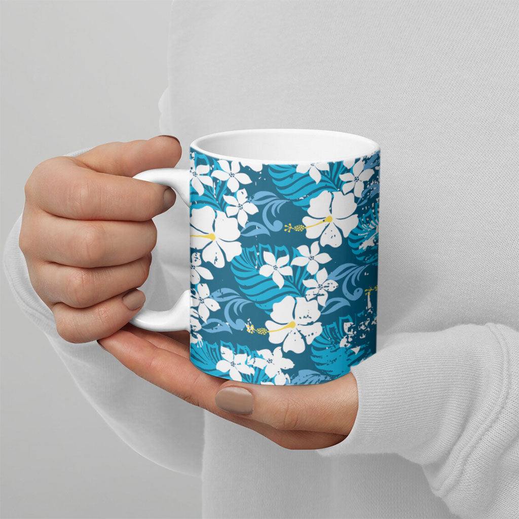 Blue Hawaiian Hibiscus Monstera Ceramic Mug Grunge Stylized
