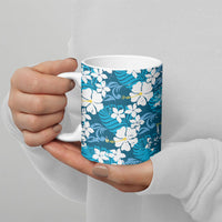Blue Hawaiian Hibiscus Monstera Ceramic Mug Grunge Stylized
