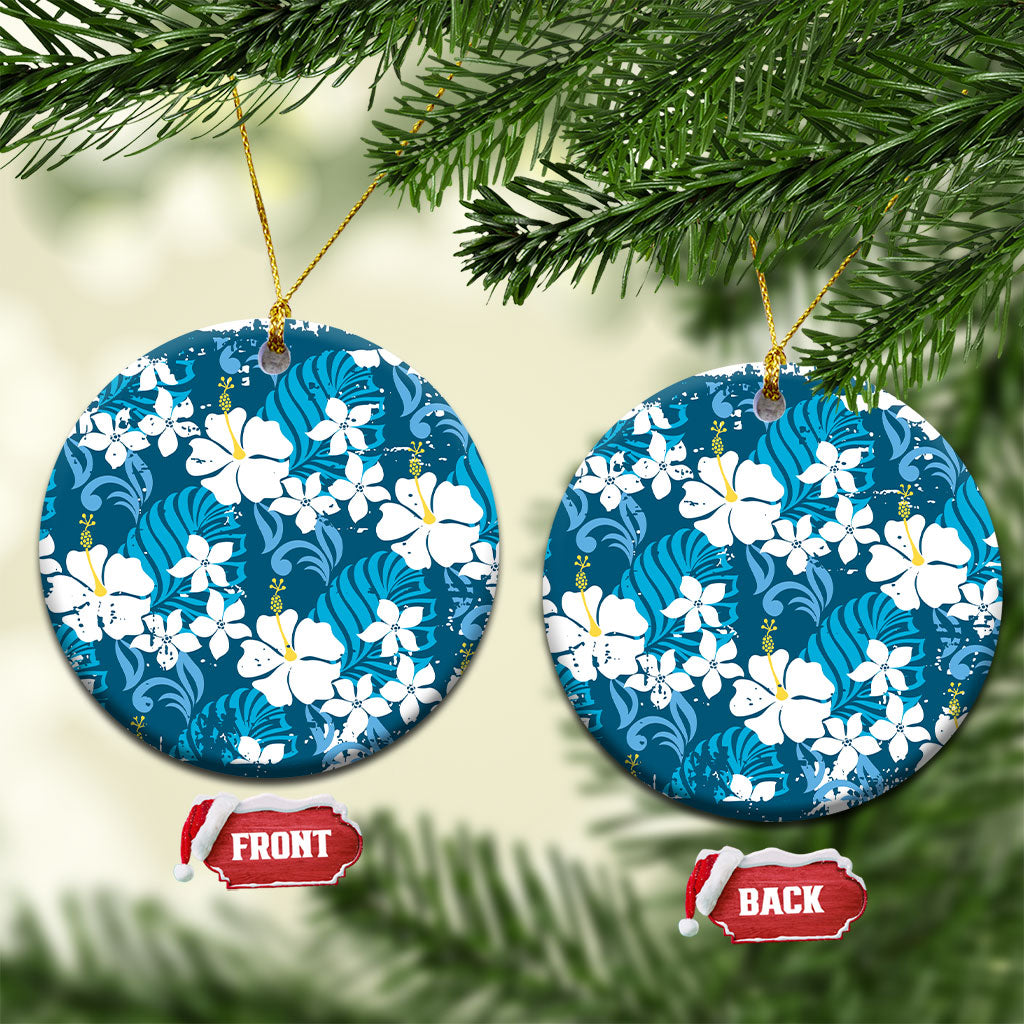 Blue Hawaiian Hibiscus Monstera Ceramic Ornament Grunge Stylized LT01 Circle Blue - Polynesian Pride
