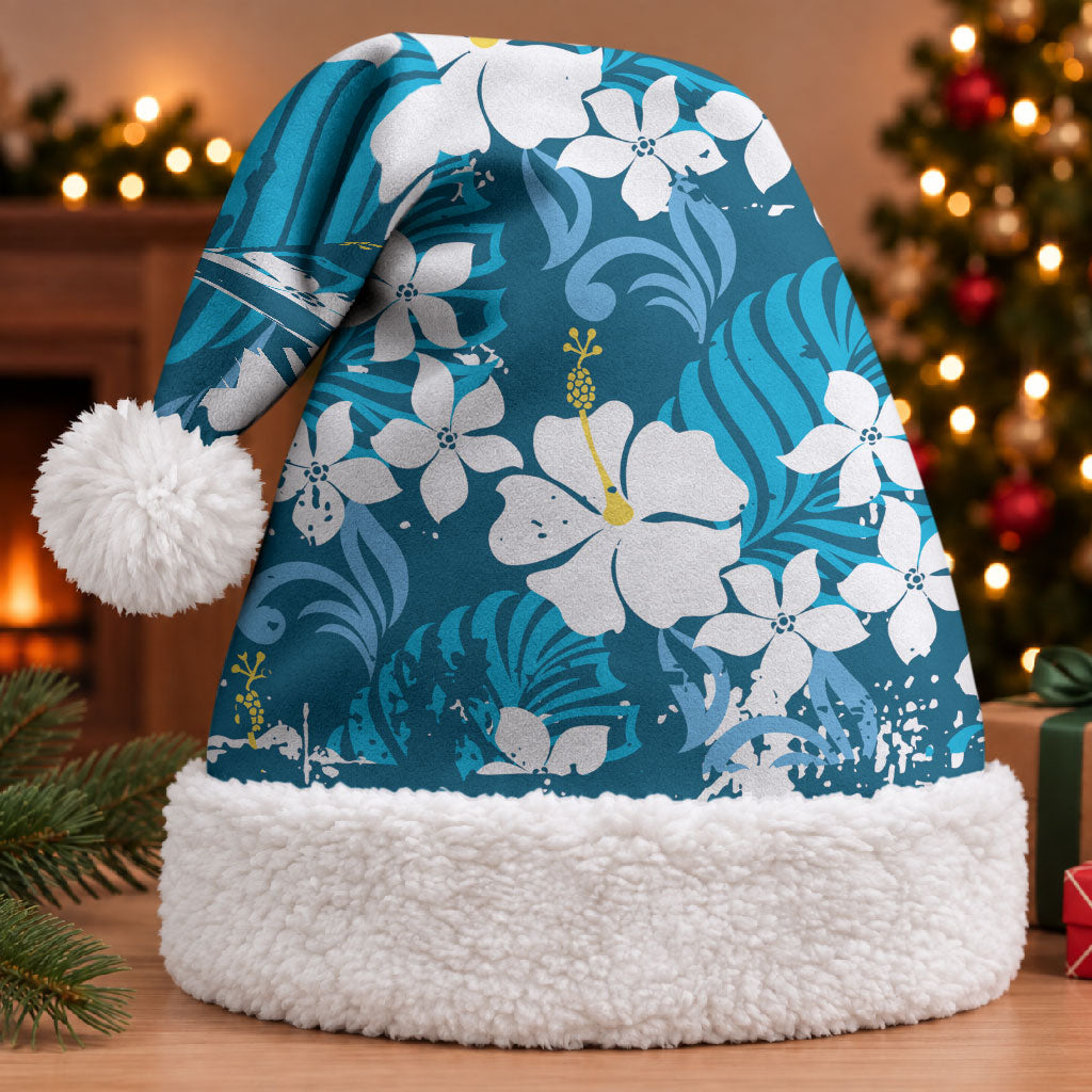 Blue Hawaiian Hibiscus Monstera Christmas Santa Hat Grunge Stylized