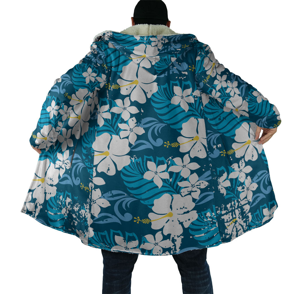 Blue Hawaiian Hibiscus Monstera Cloak Grunge Stylized