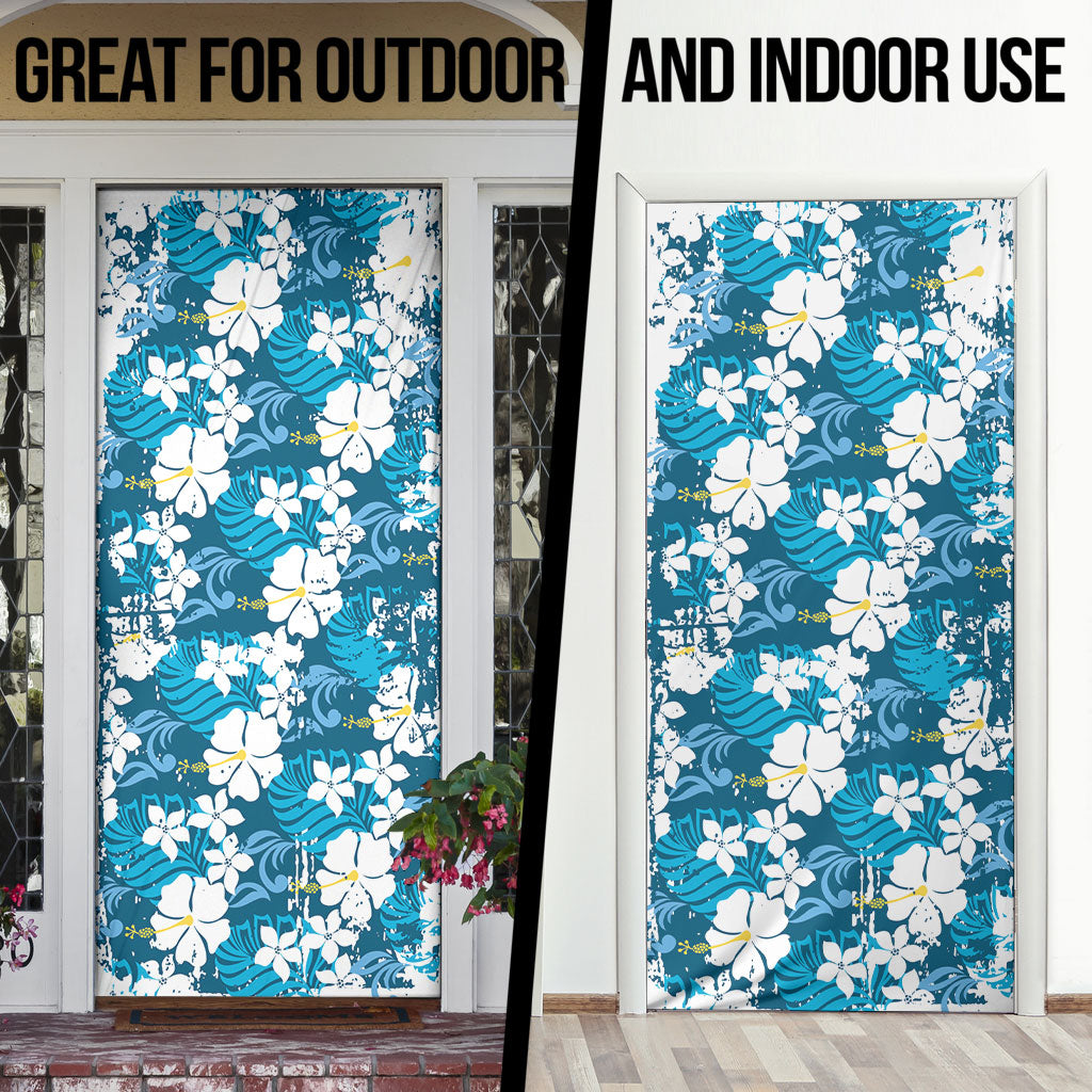 Blue Hawaiian Hibiscus Monstera Door Cover Grunge Stylized LT01 - Polynesian Pride