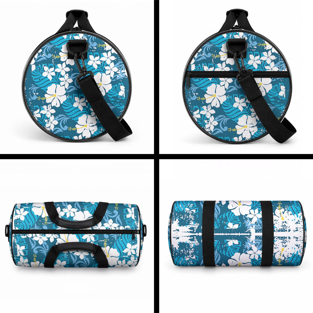 Blue Hawaiian Hibiscus Monstera Duffle Bag Grunge Stylized