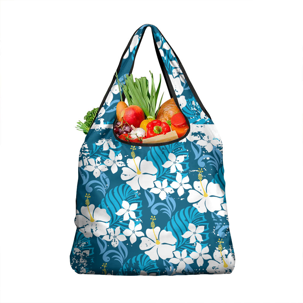 Blue Hawaiian Hibiscus Monstera Grocery Bag Grunge Stylized LT01 1-pack One Size Blue - Polynesian Pride