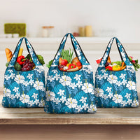 Blue Hawaiian Hibiscus Monstera Grocery Bag Grunge Stylized