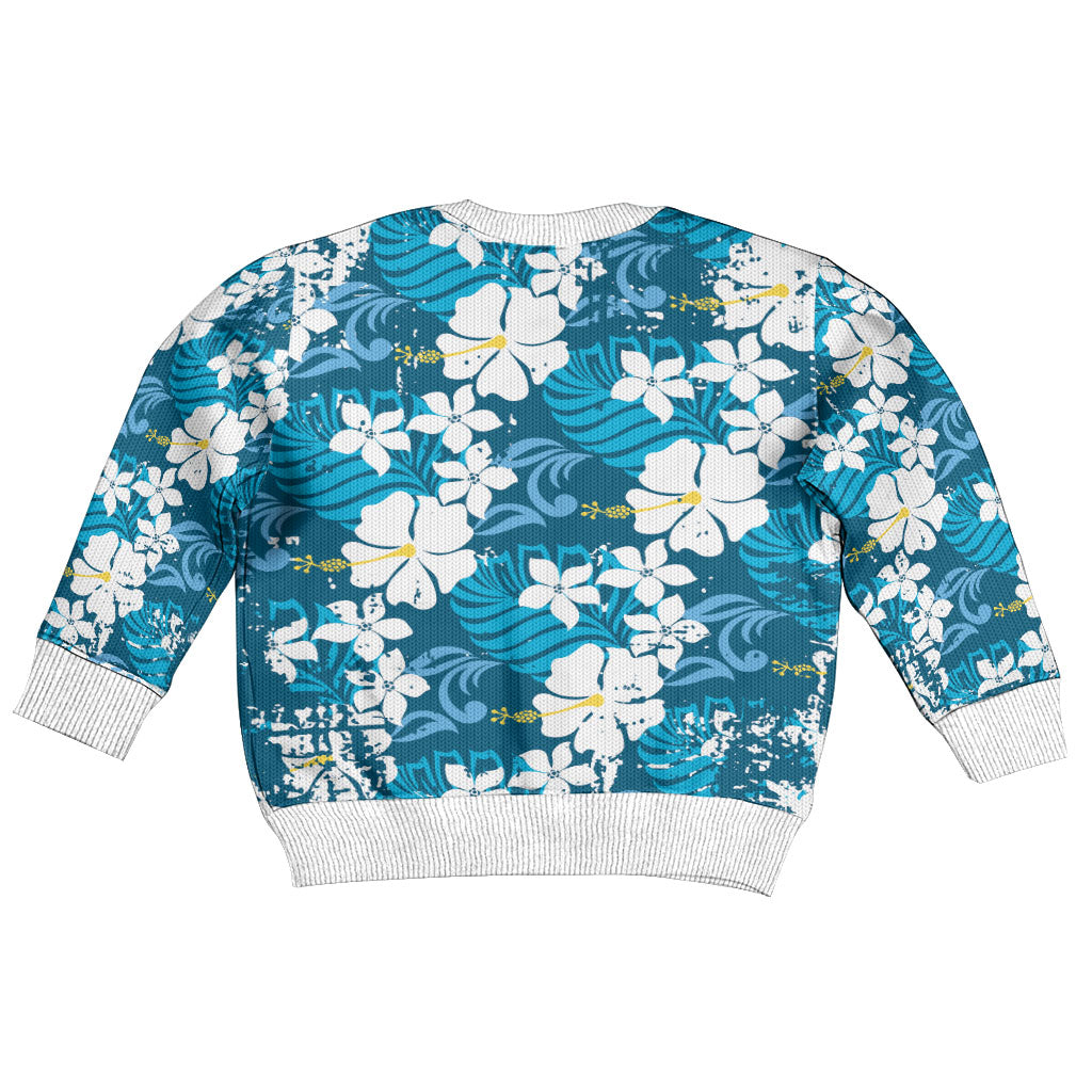 Blue Hawaiian Hibiscus Monstera Kid Ugly Christmas Sweater Grunge Stylized LT01 - Polynesian Pride