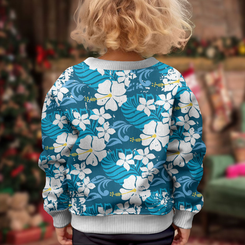 Blue Hawaiian Hibiscus Monstera Kid Ugly Christmas Sweater Grunge Stylized LT01 - Polynesian Pride