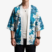Blue Hawaiian Hibiscus Monstera Kimono Grunge Stylized