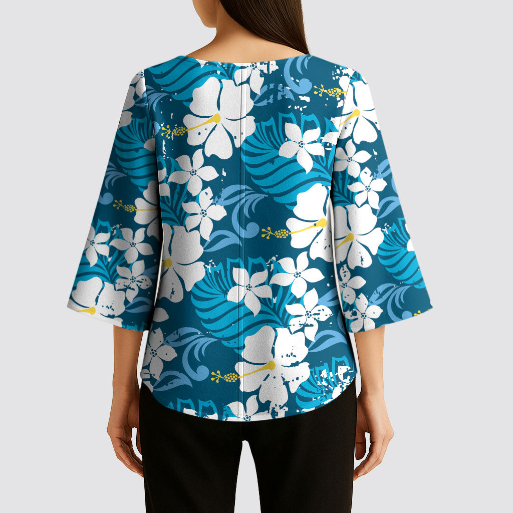 Blue Hawaiian Hibiscus Monstera Kimono Sleeve Blouse Grunge Stylized LT01 - Polynesian Pride