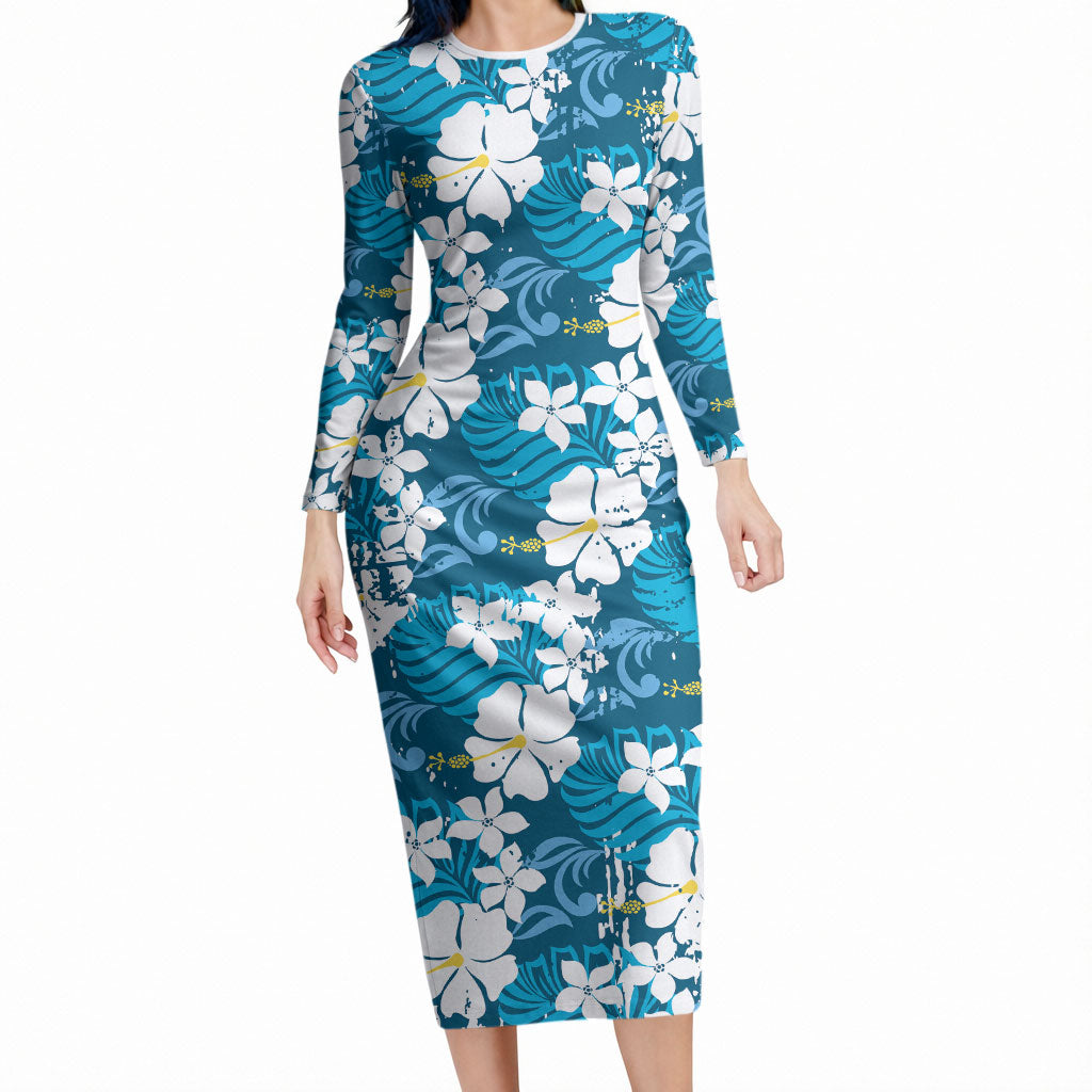 Blue Hawaiian Hibiscus Monstera Long Sleeve Bodycon Dress Grunge Stylized